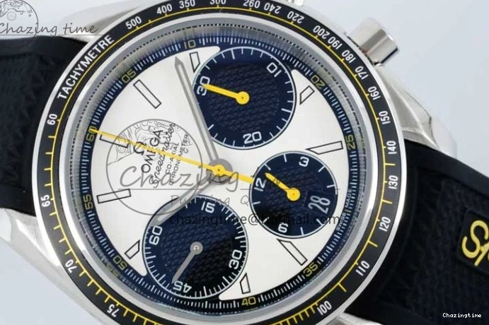0706 TopPick Speedmaster Racing Master SS HKF Best Edition White Black Dial on Black Rubber Strap A 7813